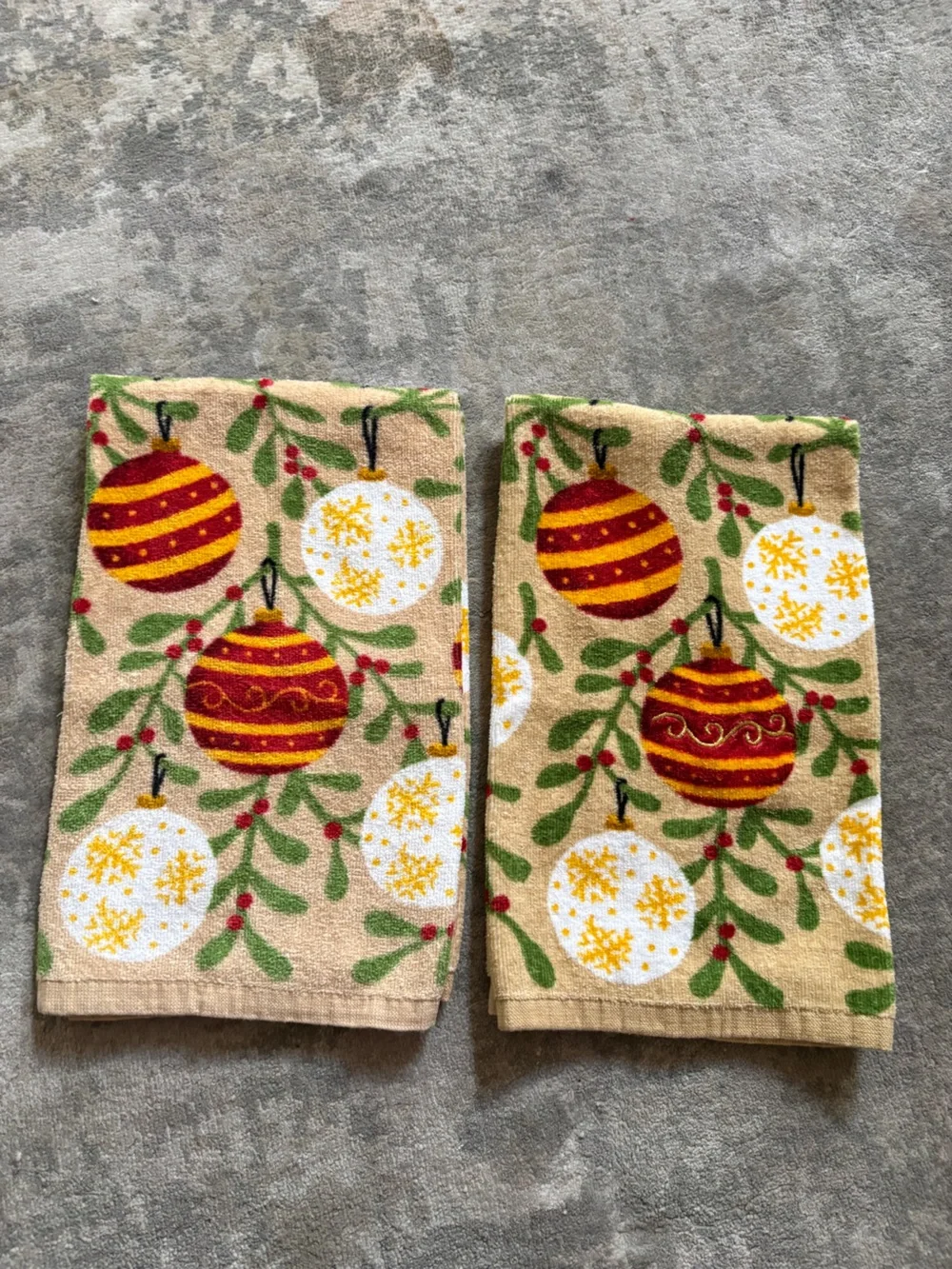 Holiday Ornament Kitchen Towels - Beige with Red & White Ornaments